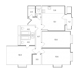 Четырёхкомнатная квартира 92.5 м²