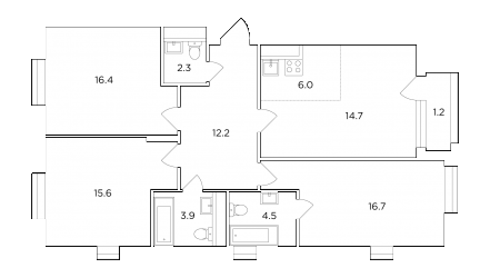 Четырёхкомнатная квартира 93.35 м²