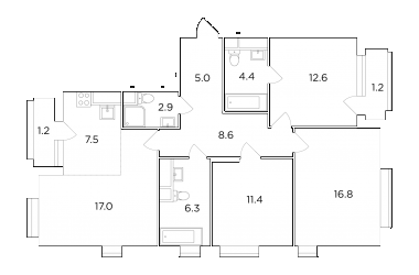 Четырёхкомнатная квартира 94.84 м²