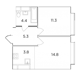 Двухкомнатная квартира 39.59 м²