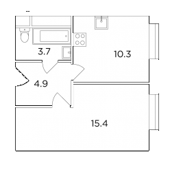 Однокомнатная квартира 34.28 м²
