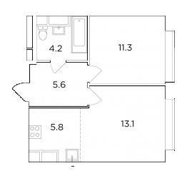 Двухкомнатная квартира 39.89 м²