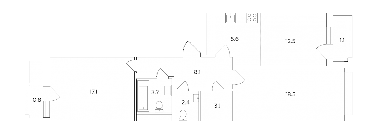 Трёхкомнатная квартира 72.74 м²